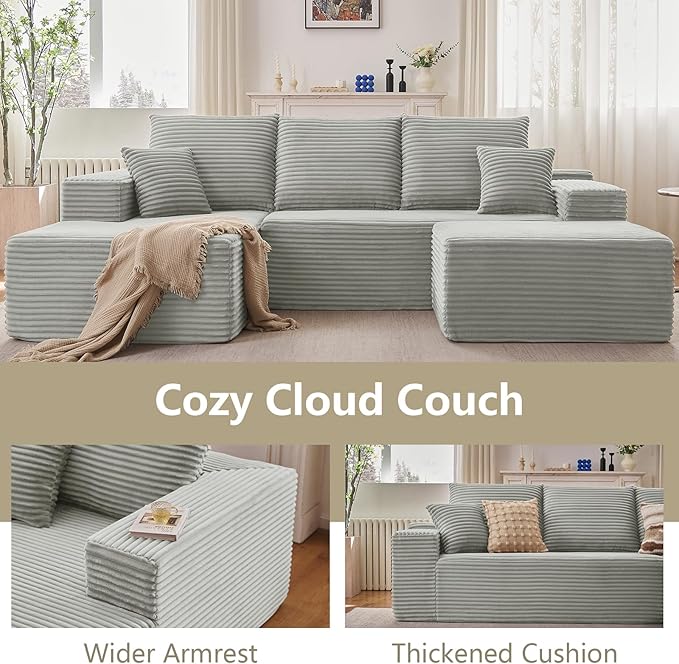 107" L-Shape Sofa with Ottoman, Modern Modular Sectional Comfy U-Shape Cloud Couch, Deep Seat, Upholstered Corduroy Sleeper Chaise Longue for Living Room Bedroom, No Assembly Required, Grey