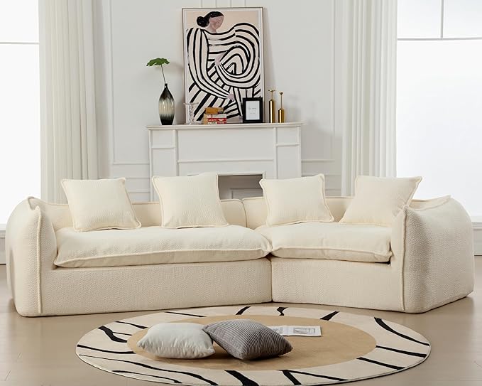 129.9” Curved Boucle Sofa Couch, Modern Sectional Sofa Cloud Deep Seat Couch with 4 Pillows, Comfy Modular 4-Seat Couches for Living Room Apartment (Beige)