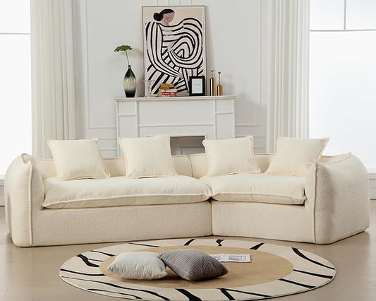 129.9” Curved Boucle Sofa Couch, Modern Sectional Sofa Cloud Deep Seat Couch with 4 Pillows, Comfy Modular 4-Seat Couches for Living Room Apartment (Beige)