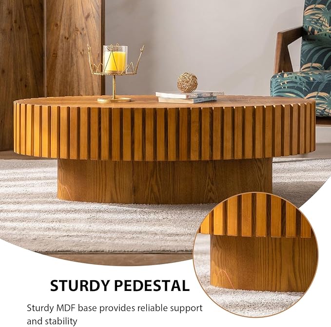 Oval Coffee Table, Handcrafted Fluted Drum Coffee Tables Modern Wood Coffee Table Drum Center Table for Living Room, Apartment (Oval Wood)