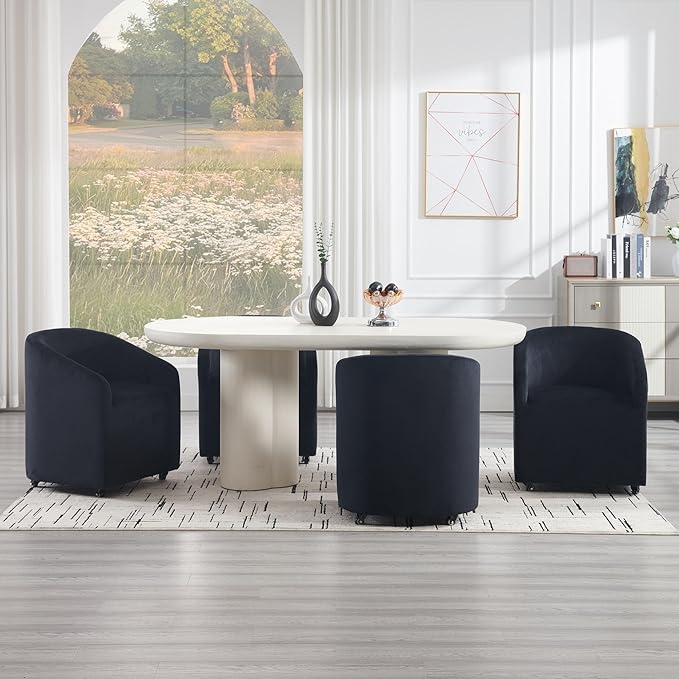 Set of 4 Modern Upholstered Dining Chairs with Swivel Casters, Velvet Barrel Back Accent Side Chair for Dining Room Living Room, Black