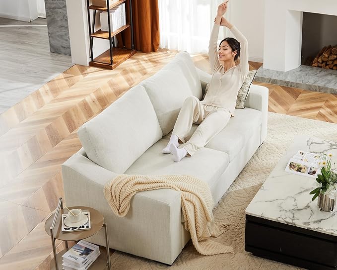 ABCASA L Shaped Sofa Couch with Wide Armrest for Living Room,Removable Cushion Cover, Modern Premium Linen 3 Seater Sofas for Small Space, Office, Apartment, Ivory