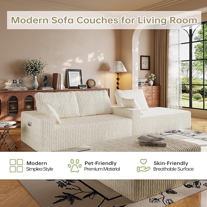 108" Sectional Couches for Living Room, Modular Sectional Sofa with L-Shape Chaise, Boneless Couch, Comfy Corduroy Fluffy Couch with Deep Seat and Side Pockets, No Assembly Required