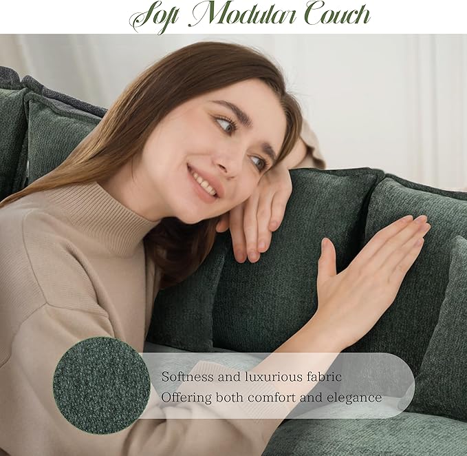 Modular Sectional Sofa, Comfy Cloud Couch with Movable Ottoman, Deep Seat Couches for Living Room, Bedroom and Apartment, 106" L Shaped Modern Sofa with Pillows, Green