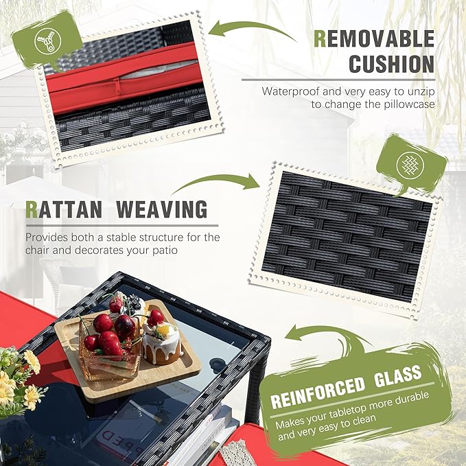 Greesum Patio Loveseat Outdoor Wicker Furniture Conversation Set with Soft Cushions & Built-in Coffee Table for Lawn Garden Backyard, Red