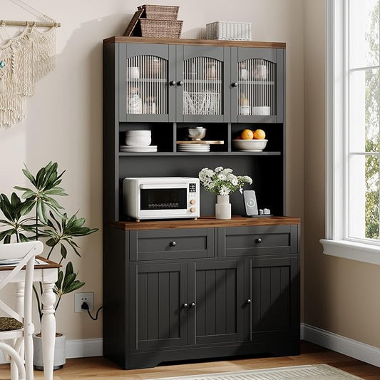 Garvee 71" Pantry Cabinet with Charging Station, Tall Kitchen Pantry Storage Cabinet with Microwave Stand, Farmhouse Kitchen Hutch with Storage Drawers for Living Room, Dining Room, Black