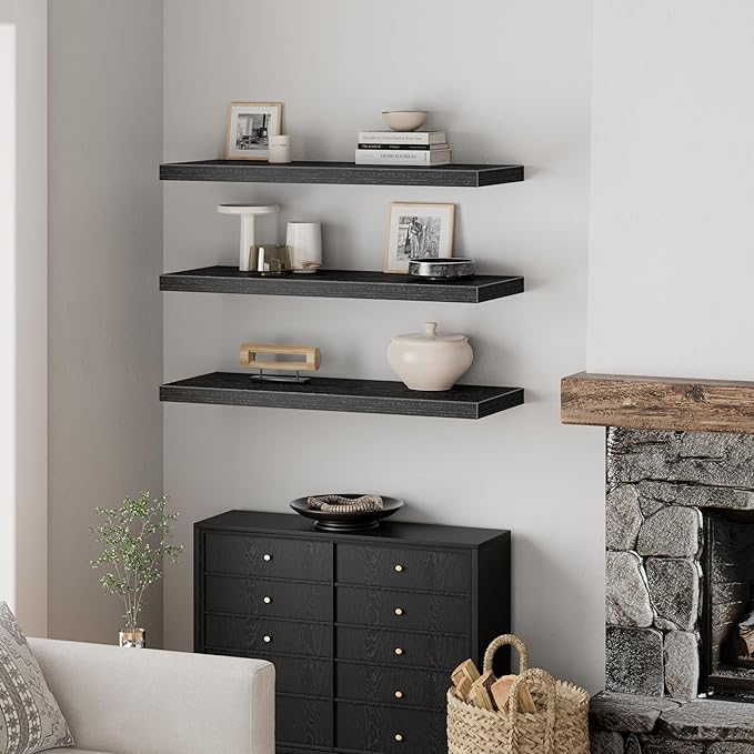 QEEIG 12" Deep Floating Shelves for Wall - 12 x 36 inch Book Shelf Bathroom Bedroom Kitchen Living Room Hanging Bookshelf Farmhouse Set of 3, Black (026-90B3)
