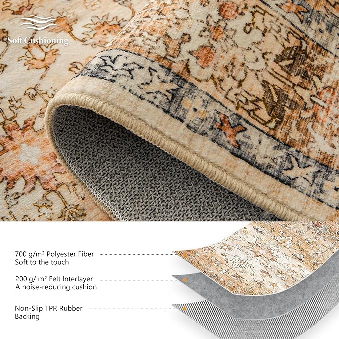 8x10 Area Rugs for Living Room Washable Non Slip Boho Modern Large Rugs Soft Faux Fur Low Pile Stain Resistant Vintage Euro Floral Big Carpet Rug for Bedroom Dining Room Family Room Fall Decor,Orange