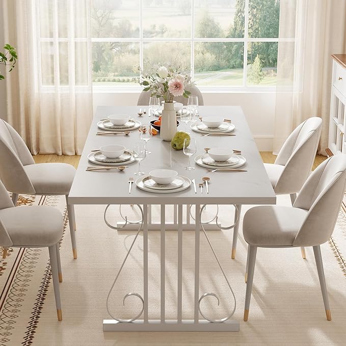 Dining Table for 4-6 People, 70.87'' Rectangular Dinner Table Modern Artistic Openwork Metal Legs for Dining Room, Kitchen, Living Room