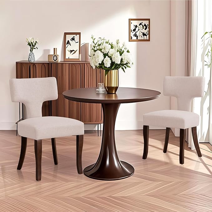 Mid Century Modern Dining Chairs Set of 2, Upholstered Side Dining Chairs with Curved Back Linen Fabric Armless Wood Chairs Kitchen & Dining Room Farmhouse Chairs (White)