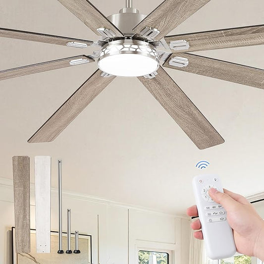 Fanbulous Modern Farmhouse 84 Inch Large Ceiling Fan, 6-Speed Reversible DC Industrial Ceiling Fans with Lights for Shop/Living Room/Covered Outdoor-Nickel