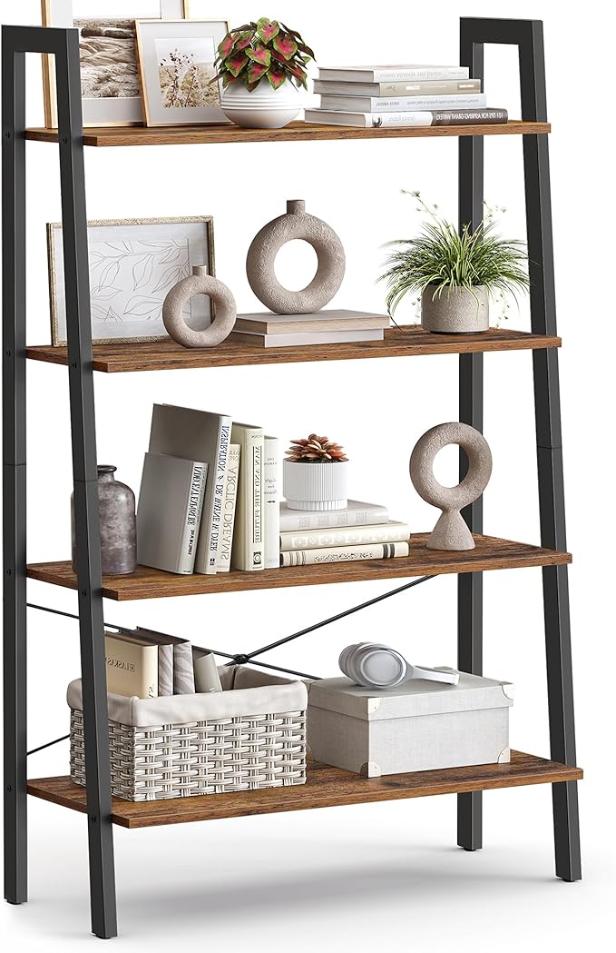VASAGLE Ladder Shelf, 4-Tier Bookshelf, Storage Rack, Bookcase with Steel Frame, for Living Room, Home Office, Kitchen, Bedroom, Industrial Style, Rustic Brown and Ink Black ULLS144B01