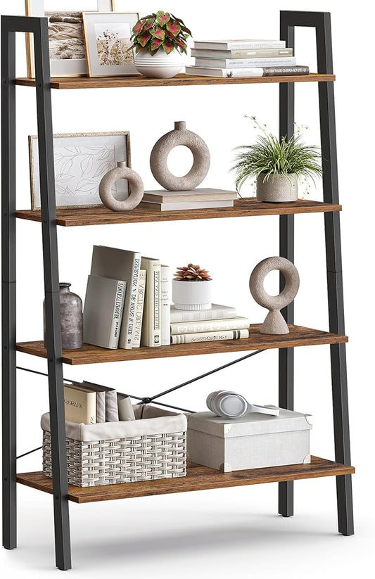 VASAGLE Ladder Shelf, 4-Tier Bookshelf, Storage Rack, Bookcase with Steel Frame, for Living Room, Home Office, Kitchen, Bedroom, Industrial Style, Rustic Brown and Ink Black ULLS144B01