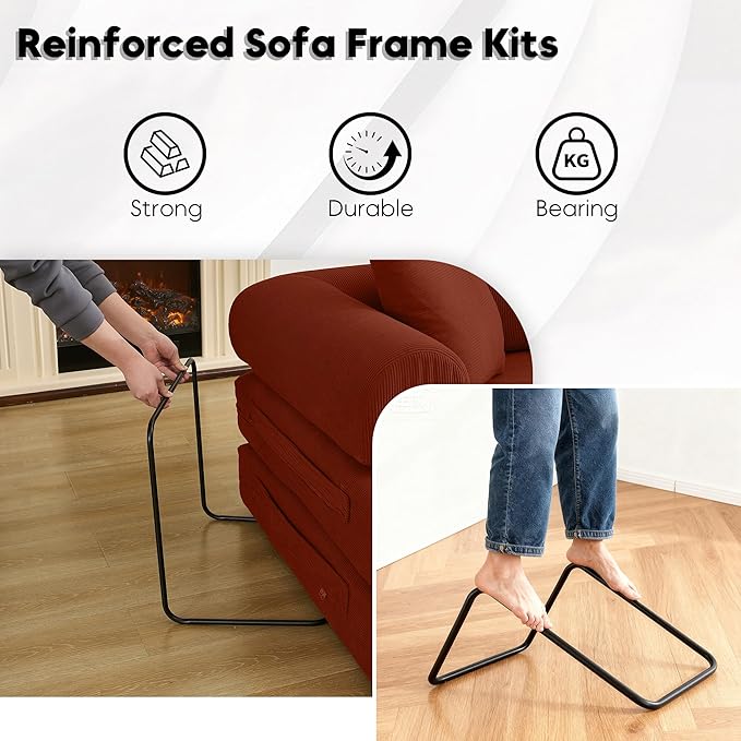 Convertible Sleeper Sofa Bed with Cylindrical Pillow, Corduroy Folding Boneless Couch with Fixed-Shape Frame, Floor Sofa Lounge Couch for Living Room Bedroom Lounge Studio-Ancora Red