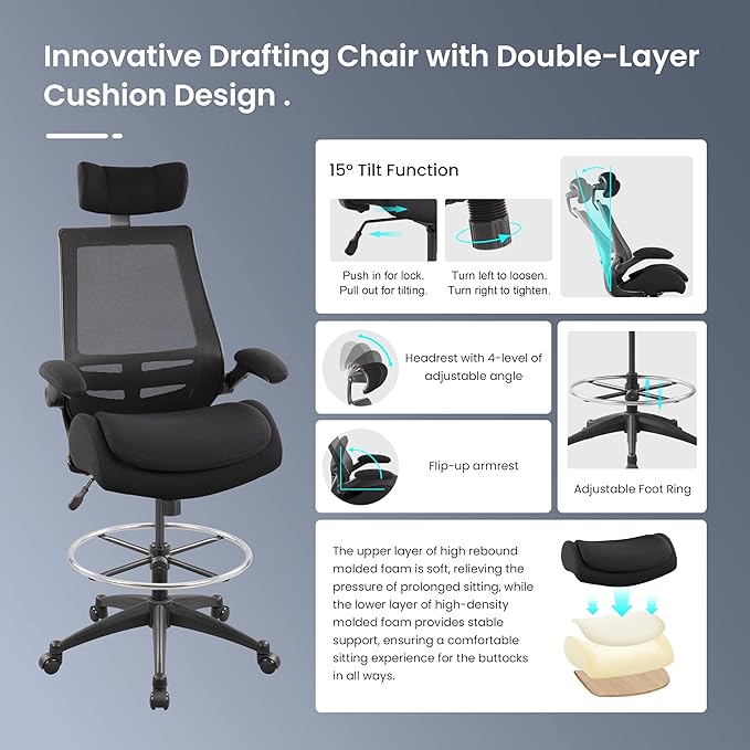 BOLISS 400lbs High Back Computer Office Drafting Chair Double Seat-Cushion Flip up Armrests Lumbar Support Adjustable Big Footrest Ring (Black)