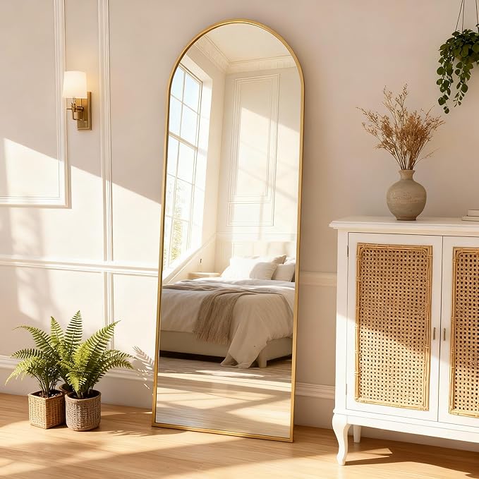 Arched Full Length Mirror, 64" L x 20" W Floor Mirror, Aluminum Alloy Frame, Shatterproof Glass - Free Standing, Leaning or Wall Mounted for Bedroom, Living Room, Entryway, Modern Home (Gold)