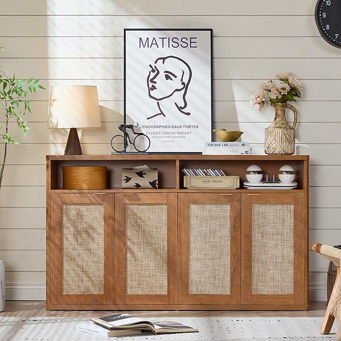 LEYAOYAO Rattan Sideboard Buffet Cabinet,55" Coffee Bar Cabinet with 4 Doors & Open Storage Shelf,Modern Credenza Console Table for Living Room Rattan Farmhouse entryway Brown