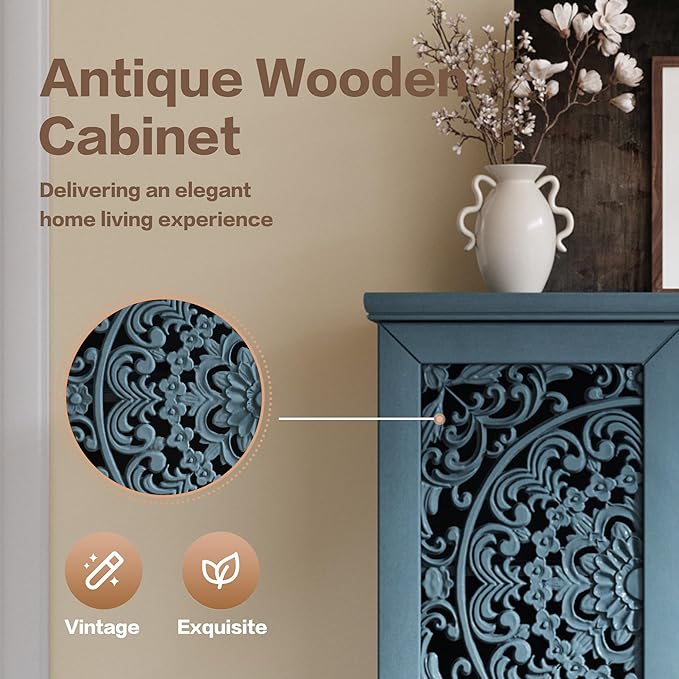 Rustic 55'' Tall Storage Cabinet with 2 Hollow-Carved Doors a Drawer, Wood Accent Cabinet with Solid Wood Legs for Living Room, Hallway, Dining Room (Antique Blue-T)