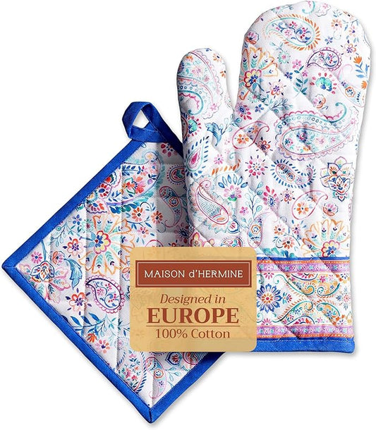 Maison d' Hermine 100% Cotton Oven Mitt & Pot Holder Set (7.5"x13" & 8"x8") Heat Resistant BBQ Cooking Gloves with Loop, Baking, Grilling, Kitchen, Handling Hot Pans Spring/Summer (Indian Floral)