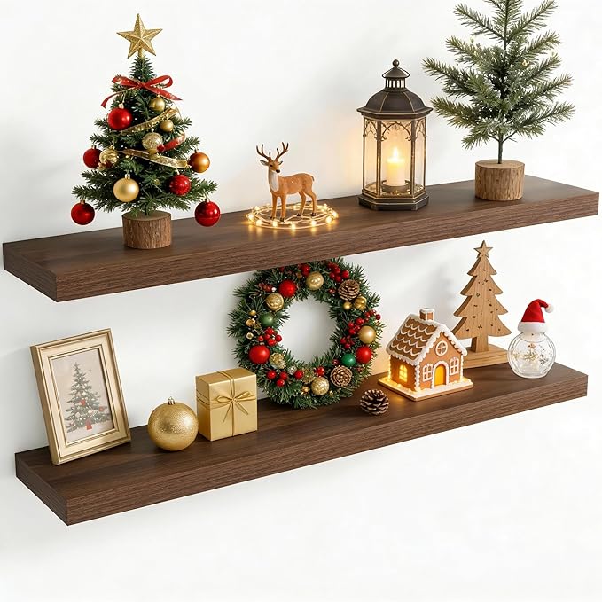 48 Inch Floating Shelves for Wall, 8 Inch Deep Floating Shelf for Storage & Display, Rustic Wall Mounted Shelf with Invisible Brackets for Living Room, Kitchen, Bathroom, Home Decor, Set of 2, Walnut