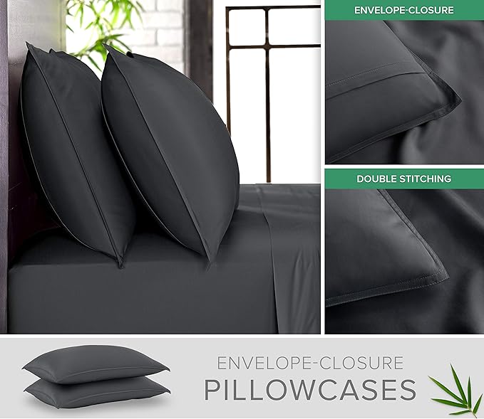 Pure Bamboo Split King Sheets, Genuine 100% Organic Viscose Derived from Bamboo Bed Sheet Set, Soft & Cooling, Double Stitching, 2 Fitted Sheets (Split King, Charcoal)