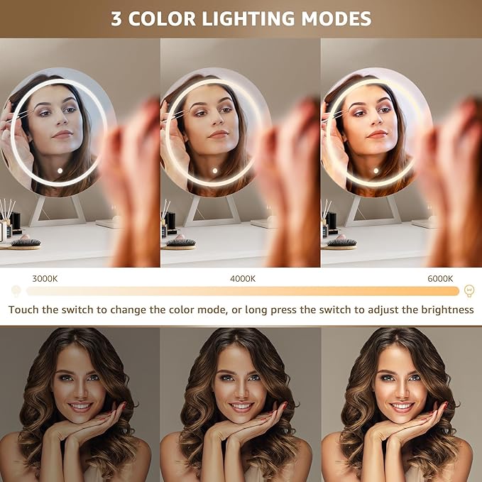 White Vanity Desk with Mirror and Light- Makeup Vanity Set Table with Chair, Storage, Lighted Mirror, 4 Large Fabric Drawers & Power Outlet, Dressing Table Vanities for Girls Bedroom