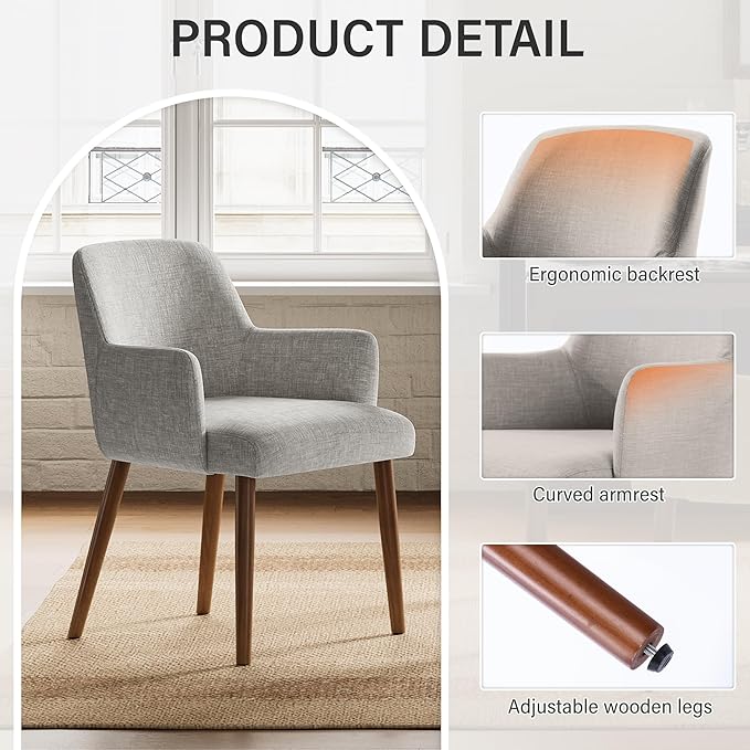 Upholstered Dining Chairs Set of 2, Modern Kitchen Chairs with Back and Curved Armrest, Fabric Side Dining Room Chairs with Wood Legs for Kitchen Dining Room Restaurant, Grey