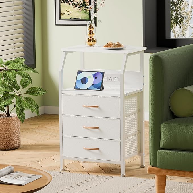 Furnulem Night Stand with Charging Station, 28.3 Inch Tall Bedside Table with PVC Drawers, End Table with USB Ports and Outlets, 3 Fabric Drawer Storage Nightstand for Bedroom, 3 Ways to Use, White