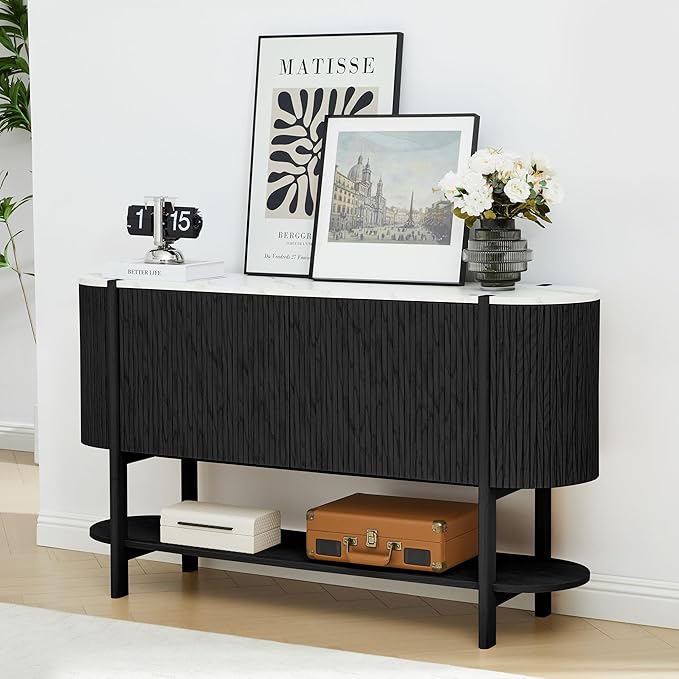 Console Table with Storage, Fluted Entryway Table with 2 Doors and Open Shelf, Long Sofa Table Behind Couch for Living Room, Hallway (Black)