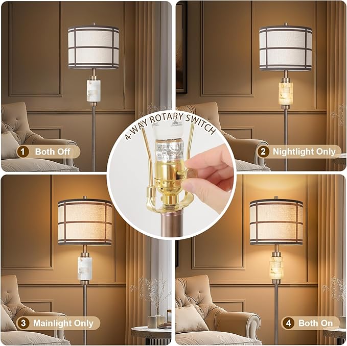 Natural Alabaster Floor Lamp, Lamps for Bedroom, Tall Lamp with Night Light, Marble Base, Linen Shade,Living Room Lamp, Standing Lamp for Living Room Bedroom Office - Brown (Bulb Included)