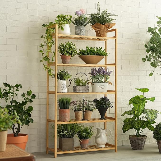 Bamboo Shelf, 5-Tier Bookcase Storage Shelves, Small Book Rack Shelving Unit, Multipurpose Storage Display Shelf for Bathroom Kitchen Living Room Office(5T- Natural)