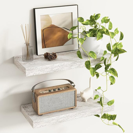 Fun Memories Deep Floating Shelves - 16" W x 9.3" D x 1.6" H Rustic Grey Wall Shelf - Wall Mounted Shelves for Storage - Wooden Shelves with Invisible Brackets for Living Room, Farmhouse - Set of 2