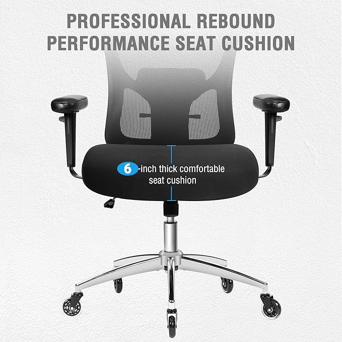 Bigroof Big and Tall Office Chair 600lbs, Heavy Duty Ergonomic Mesh Chair, Computer Executive Desk Chair with Wide Thick Seat, Adjustable Armrests, Lumbar Support