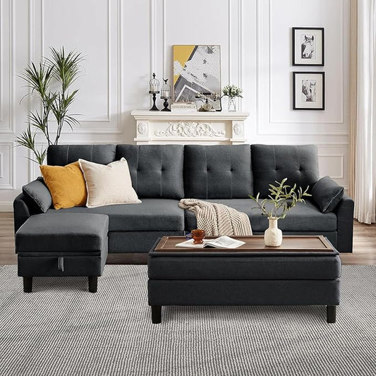 102" L-Shape Sofa Couch, Couch with Ottoman Coffee Table, 4 Seat Modern Sofa with Removable Cover for Apartment and Living Room, Dark Grey