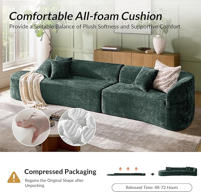141.75" Oversized Boneless Sectional Sofa with 4 Pillows, Modern Curved Design All-Foam Cushion, No Assembly Required Large Floor Cloud Couch for Living Room, Olive
