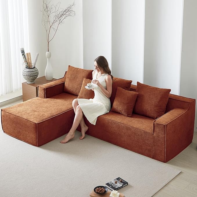 101" Orange Couch for Living Room,Boneless Couch No Assembly Required,Comfy Couches with Oversized Chaise,Compressed Sofa for Any Room,Modern Sofa-Velvet