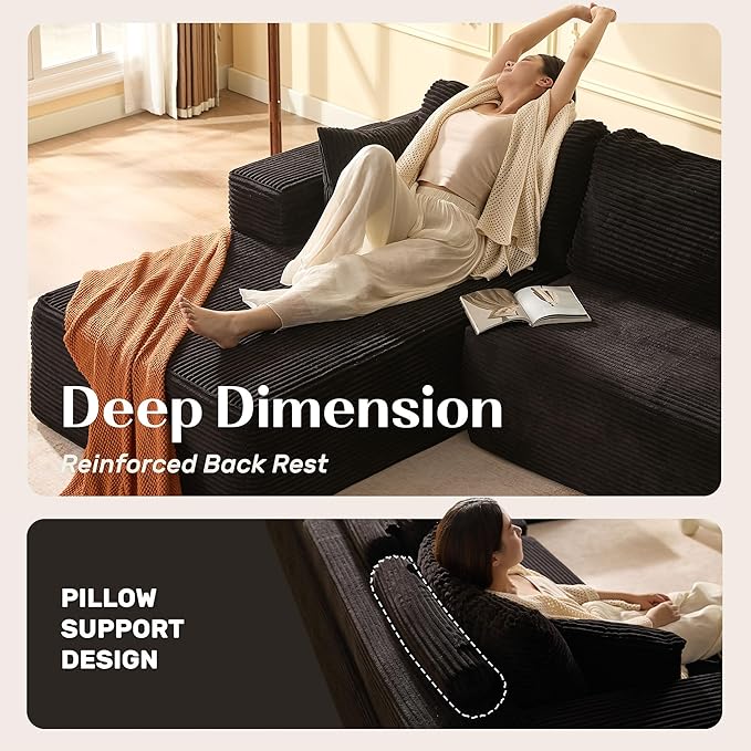 107" Boneless Couch with Deep Seat, Modular Sectional Sofa, Cloud Sectional Couch for Living Room, No Assembly Required, Corduroy, U-Shape 3 Seater Left, Black