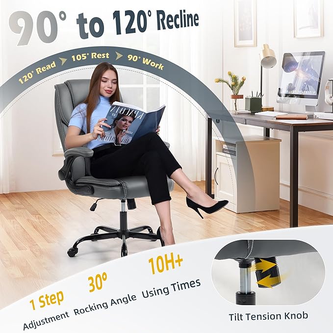 Office Chair - Executive Leather High Back Office Desk Chair with Rocking Function - Ergonomic Breathable Comfortable Wide Swivel Rolling Gaming Computer Chair with Flip-up Armrests & Lumbar Support