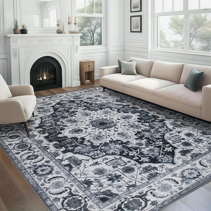 WILLSUN Washable Area Rugs, 8x10 Non-Slip Boho Large Area Rugs for Living Room, Bedroom, Machine Washable Vintage Rug, Indoor Floral Print Carpet for Home Decor, Kid & Pet Friendly Mat