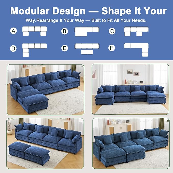 146" Cloud Chenille Sectional Couch 4+2 with Ottomans｜Large Modular Sofa for Spacious Living Rooms｜FSC Solid Wood Frame｜29.1" Deep Seat｜Easy Assembly & 1YR Guarantee
