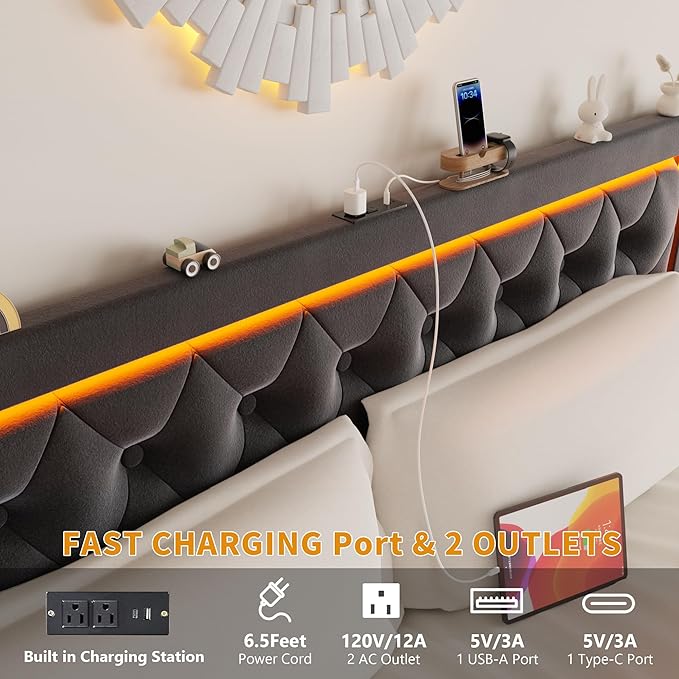 Full Bed Frame with 4 Storage Drawers, Velvet Upholstered Bed Frame Full Size with Charging Station and LED Lights, 46" Adjustable Button Tufted Headboard, No Box Spring Needed, Grey