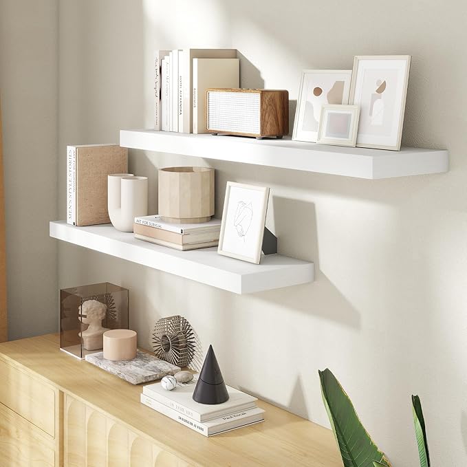 40 Inch Floating Shelves for Wall, 8 Inch Deep Floating Shelf for Storage & Display, Rustic Wall Mounted Shelf with Invisible Brackets for Living Room, Kitchen, Bathroom, Home Decor, Set of 2, White
