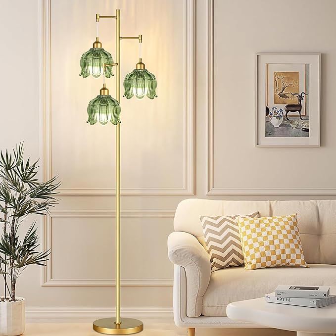 Vintage Floor Lamps for Living Room Bedroom-3 Light Glass Floor Lamp with Three Led Bulb, Flower Tall Floor Lamp Gold Mid Century Modern Standing Lamp Tree Floor Lamps for Living Room Bedroom Corner