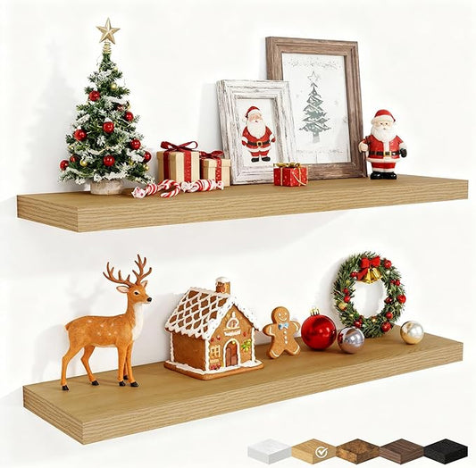 Fun Memories 36 Inch Deep Floating Shelves for Wall, 2 Pack of Wall Mounted Wood Shelves with Invisible Brackets for Bathroom, Bedroom, Living Room, Kitchen Decor and Storage, Oak