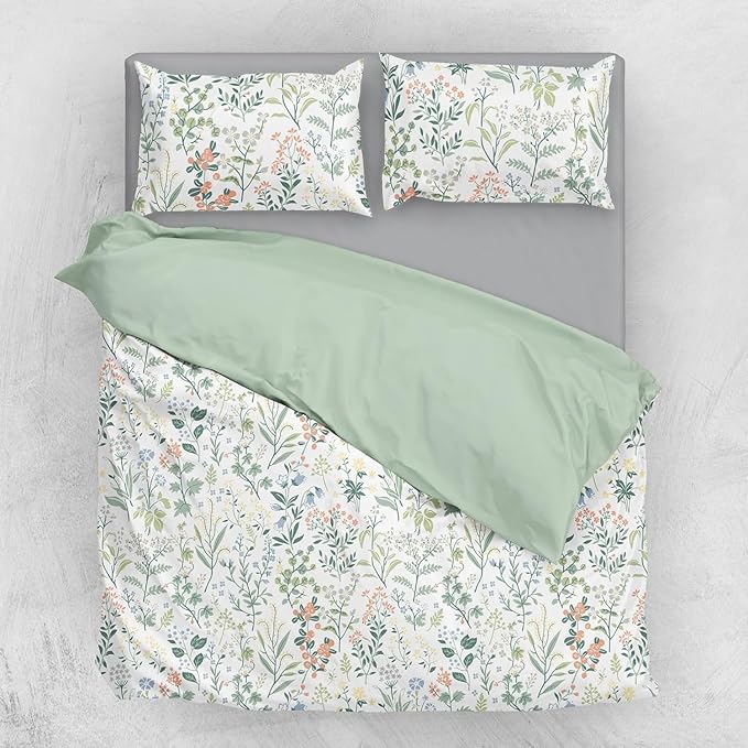 Floral Wildflower Duvet Cover Full Sage Green Botanical Duvet Cover 100% Cotton Vintage Floral Bedding Set Full Rustic Garden Flower Comforter Cover Girls Cottagecore Bedding Set with 2 Pillowcases