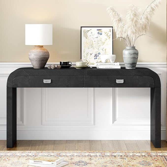 Merax Entryway Console Table, with 2 Storage Drawers, Retro Style/Wood Frame/Behind Couch & Sofa, Black