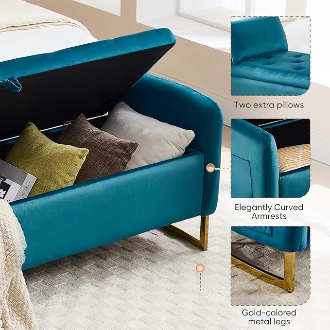 65" Storage Ottoman Bench, End of Bed Storage Bench King Size with Tufted Button Upholstered and Gold Legs, Bedroom Benches with Armrests for Living Room Window, Vintage Green