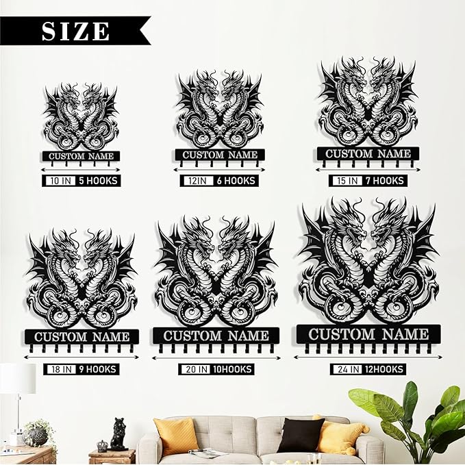 Personalized Dragon Key Holder Wall Mount, Custom Metal Keys Hanger for Wall with Name, Custom Key Rack Holder with Hooks for Home, Entryway, Front Door, Living Room, Kitchen, Bathroom