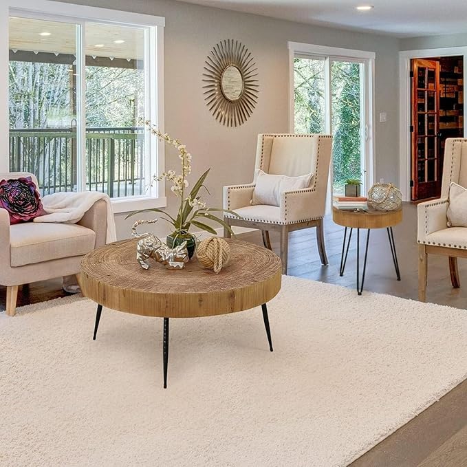 RUSTOWN Farmhouse Round Coffee Table Set of 2, Natural Wood Finish with Unique Ring Design, Modern Circle Side and End Table Sets for Living Room, Natural