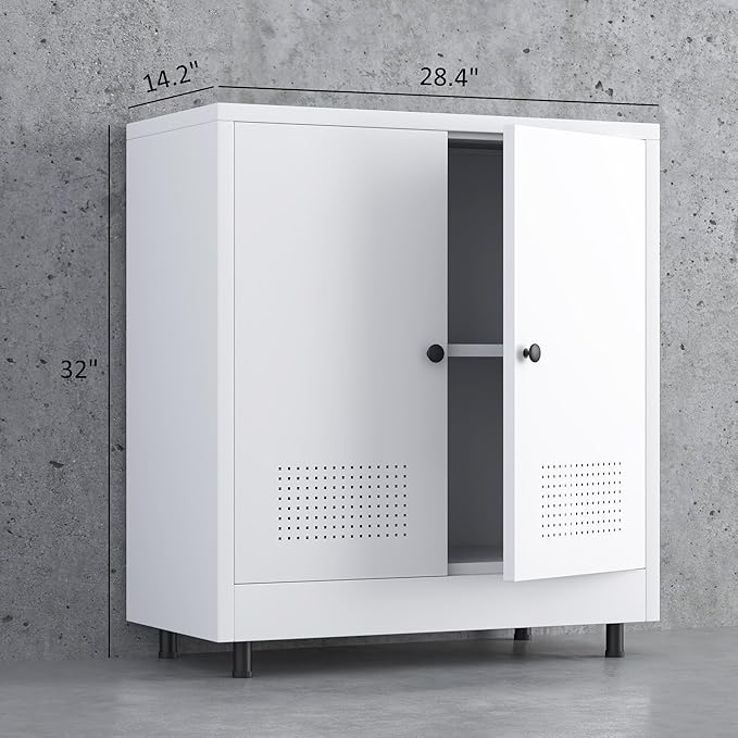 Metal Storage Cabinet with 2 Doors and Adjustable Shelf, Free Standing Accent Sideboard Buffet Cabinet for Home, Office, Entryway, Hallway, Living Room, Kitchen and Dining Room (White)